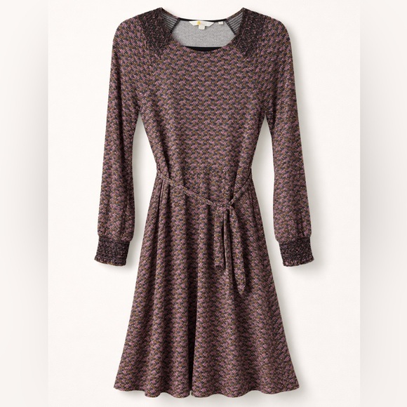 Boden Grace Smocked Jersey Long Sleeve Dress Black Water Lillies Size 4 - Picture 3 of 9